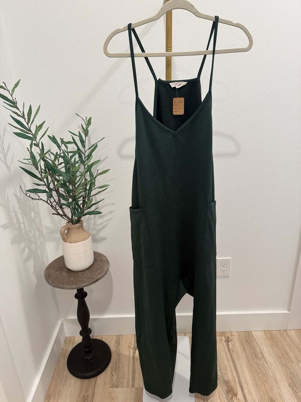 New In Green Quilted Pattern Spaghetti Strap Jumpsuit Overalls with Pockets.